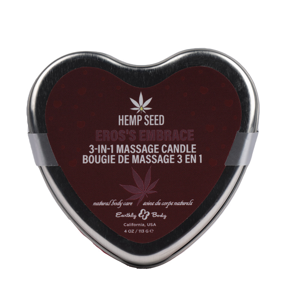 Hemp Seed 3-in-1 Valentines Day Candle Ero's Embrace 4 Oz in a heart-shaped tin by Earthly Body.