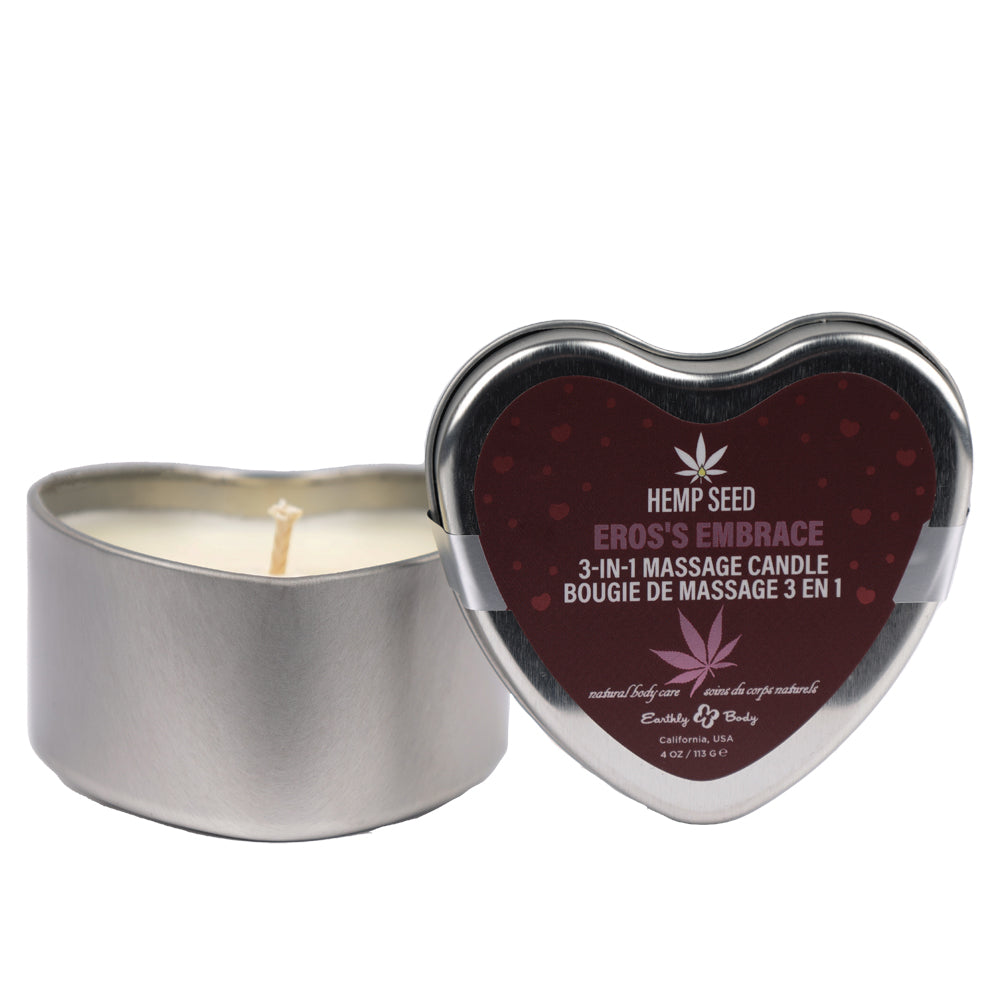 Hemp Seed 3-in-1 Valentines Day Candle Ero's Embrace 4 Oz in heart-shaped tin for romantic evenings.