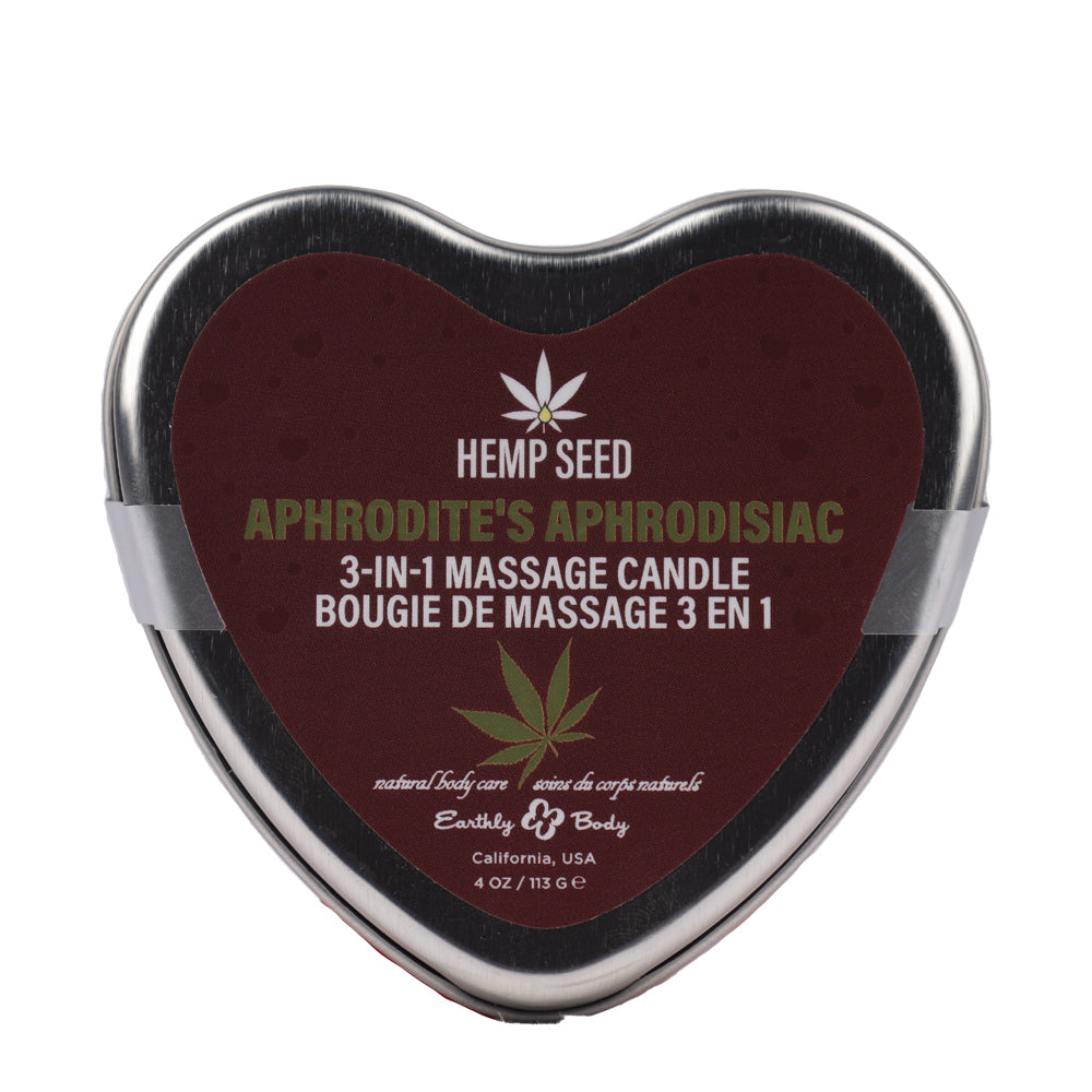 Hemp Seed 3-in-1 Aphrodite's Aphrodisiac Massage Candle 4 Oz in a heart-shaped tin, perfect for setting a romantic mood.