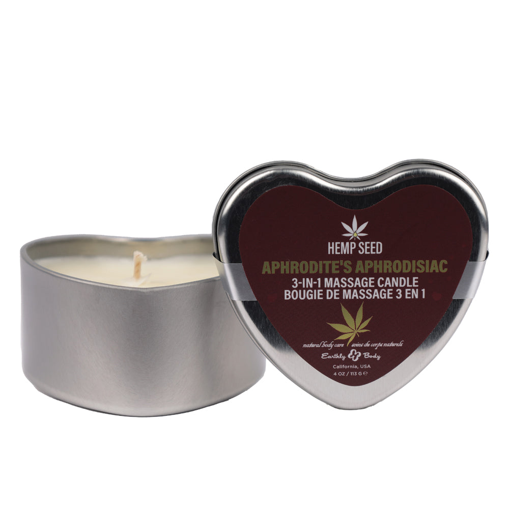 Hemp Seed 3-in-1 Aphrodite's Aphrodisiac Massage Candle 4 Oz in a heart-shaped tin.