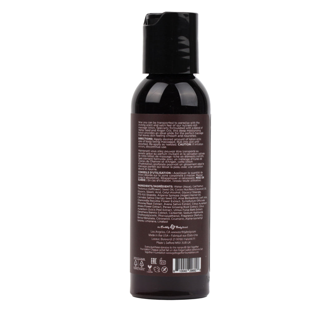 Earthly Body Hemp Seed Massage Lotion Kashmir Musk 2 Oz back label with instructions and ingredients.