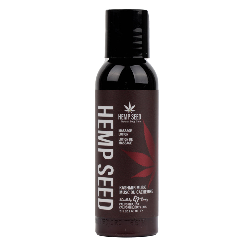 Earthly Body Hemp Seed Massage Lotion Kashmir Musk 2 Oz bottle with natural ingredients and warm aromas.