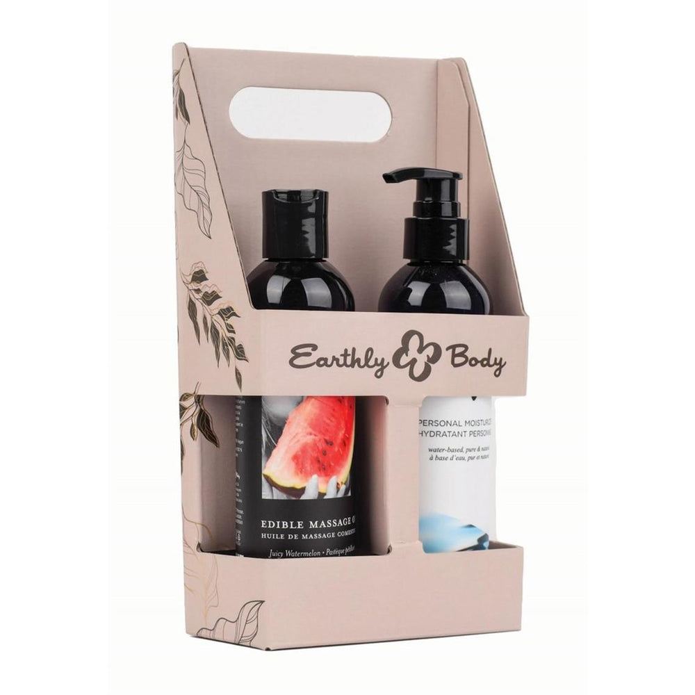 Hemp Seed By Night Waterslide And Watermelon Holiday Caddy packaging featuring massage oil and moisturizer.