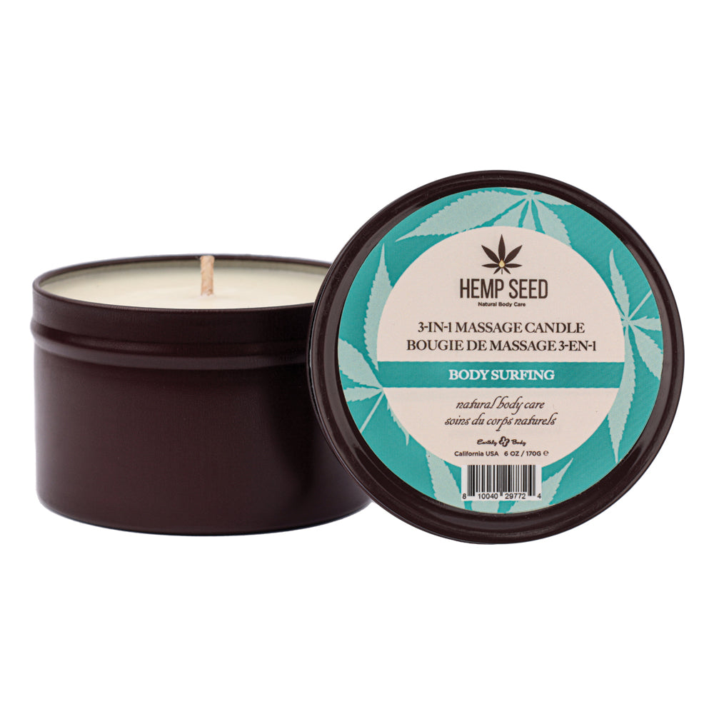 Hemp Seed 3-in-1 Massage Candle Body Surfing 6 Oz in a jar with natural body care label.