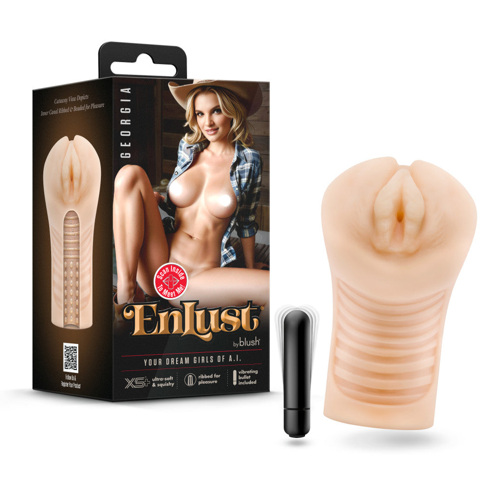 Enlust Georgia Male Masturbator With Bullet Vibrator packaging and product image featuring ultra-soft textured design.