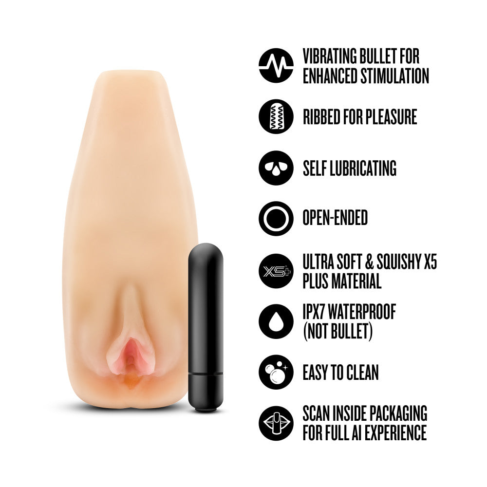 Enlust Sabrina Male Masturbator With Bullet Vibrator showcasing features like ribbed texture and vibrating bullet.