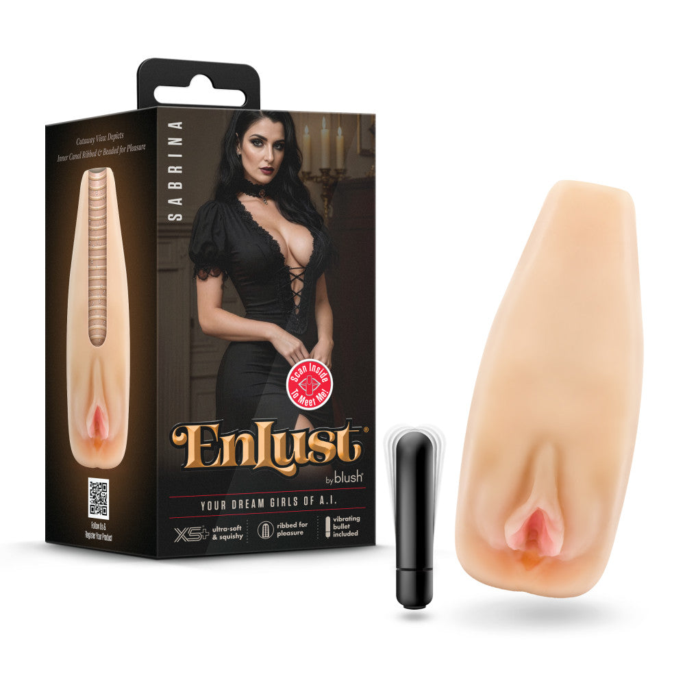 Enlust Sabrina Male Masturbator With Bullet Vibrator next to its packaging and bullet vibrator.