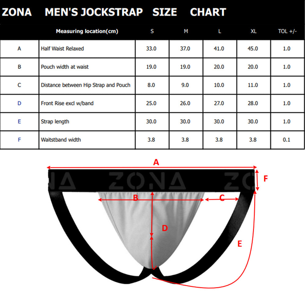 Zona Navy Rush Men's Jockstrap Small size chart with measurements for men's underwear in small size.
