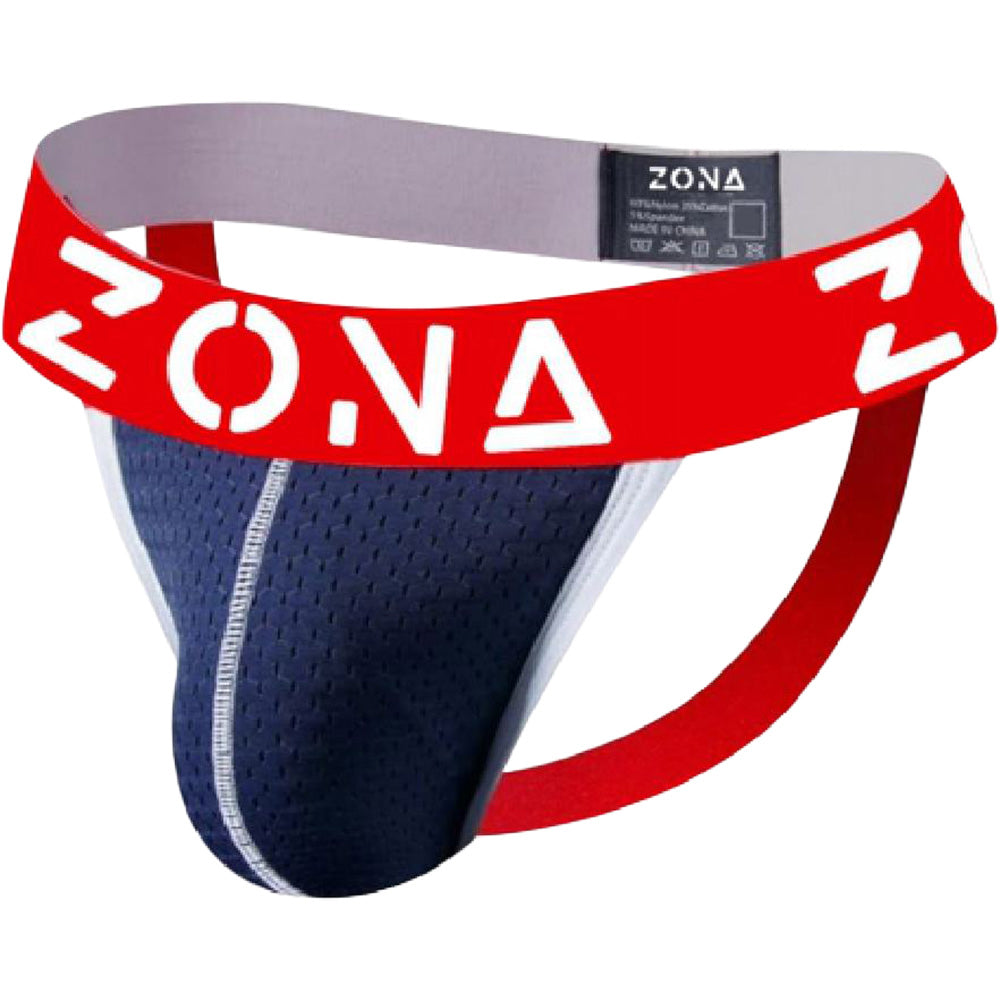 Zona Navy Rush Men's Jockstrap Small featuring a wide elastic waistband and breathable contoured pouch for comfort and support.
