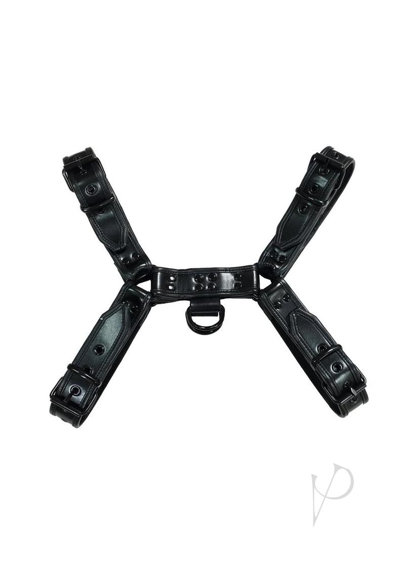 Rouge Over The Head Adjustable Leather Harness XXLarge Black displayed from above showing straps and buckle details.