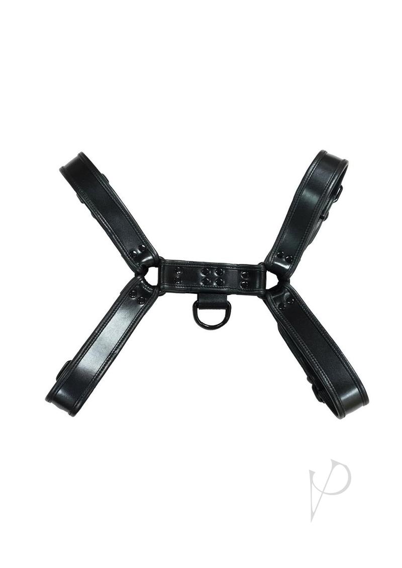 Rouge Over The Head Adjustable Leather Harness XXLarge Black in sleek black leather design, showcasing adjustable straps.