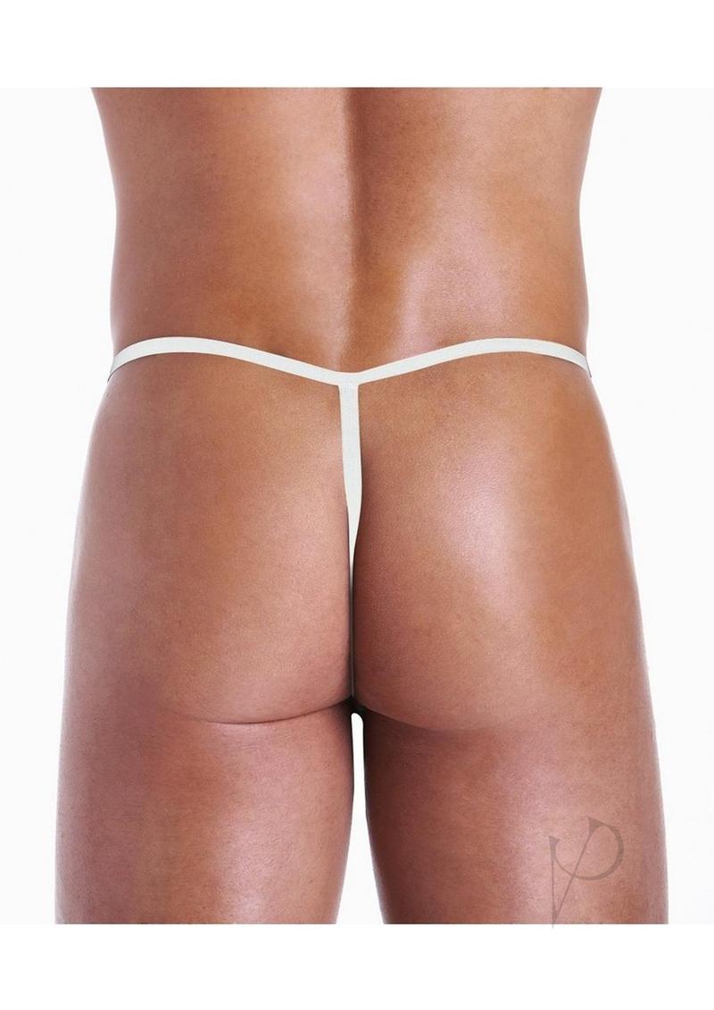 Fundies Candy Cane Thong One Size Red and White worn, showcasing a festive thong design in red and white.