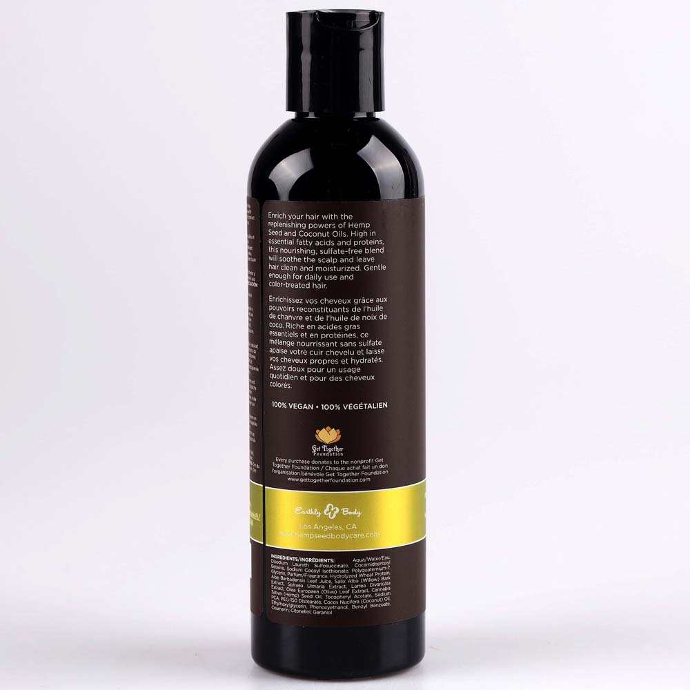 Earthly Body Hemp Seed Hair Care Shampoo Nag Champa 8 Oz bottle, featuring nourishing hemp seed and coconut oils.