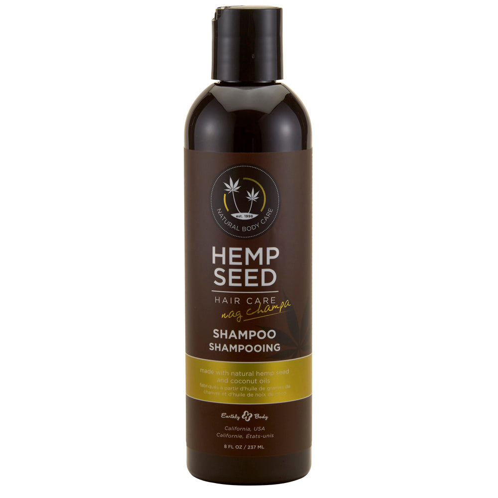 Earthly Body Hemp Seed Hair Care Shampoo Nag Champa 8 Oz bottle, nourishing hemp seed and coconut oils.