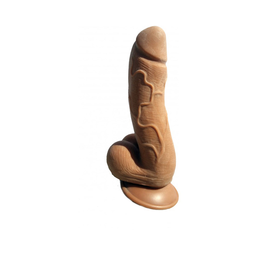 Skinsations Latin Lover Amante Caliente 7.5 Inch Dildo Brown on a white background, showcasing its lifelike design.