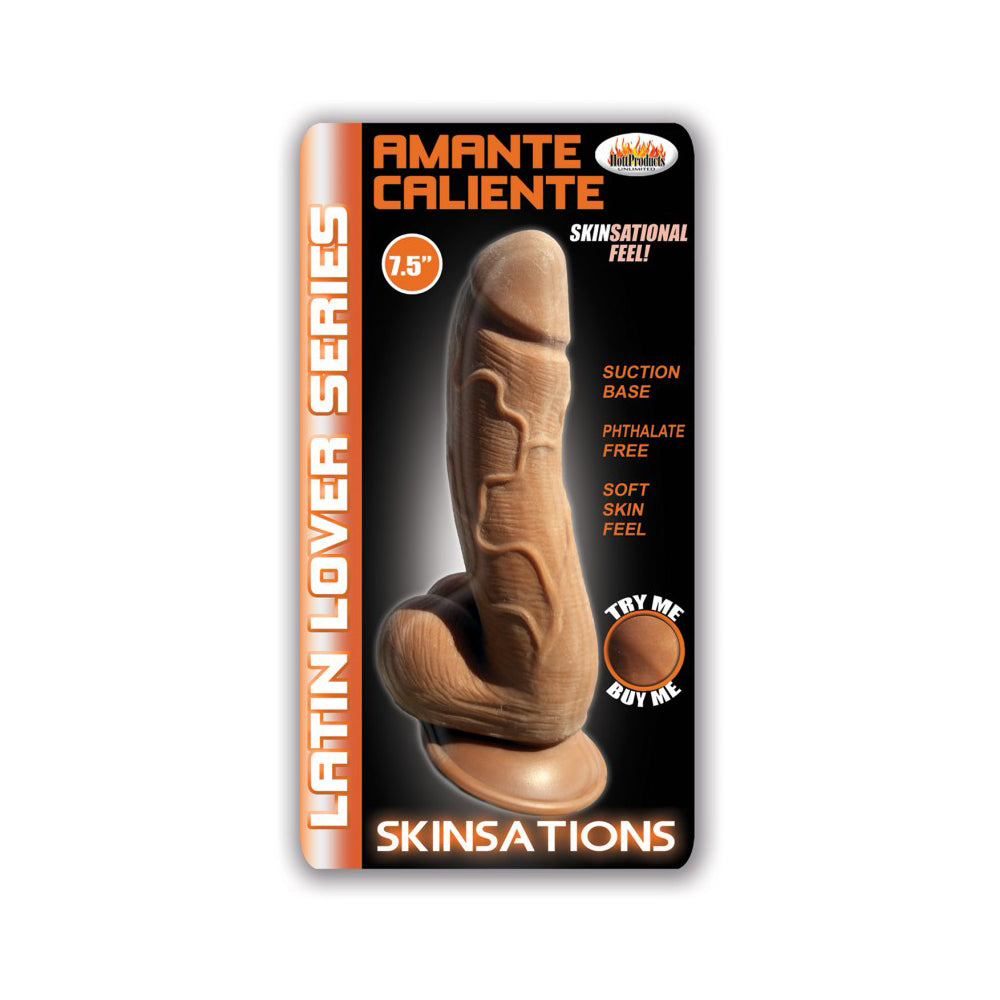 Skinsations Latin Lover Amante Caliente 7.5 Inch Dildo Brown packaging featuring suction base and soft skin feel.