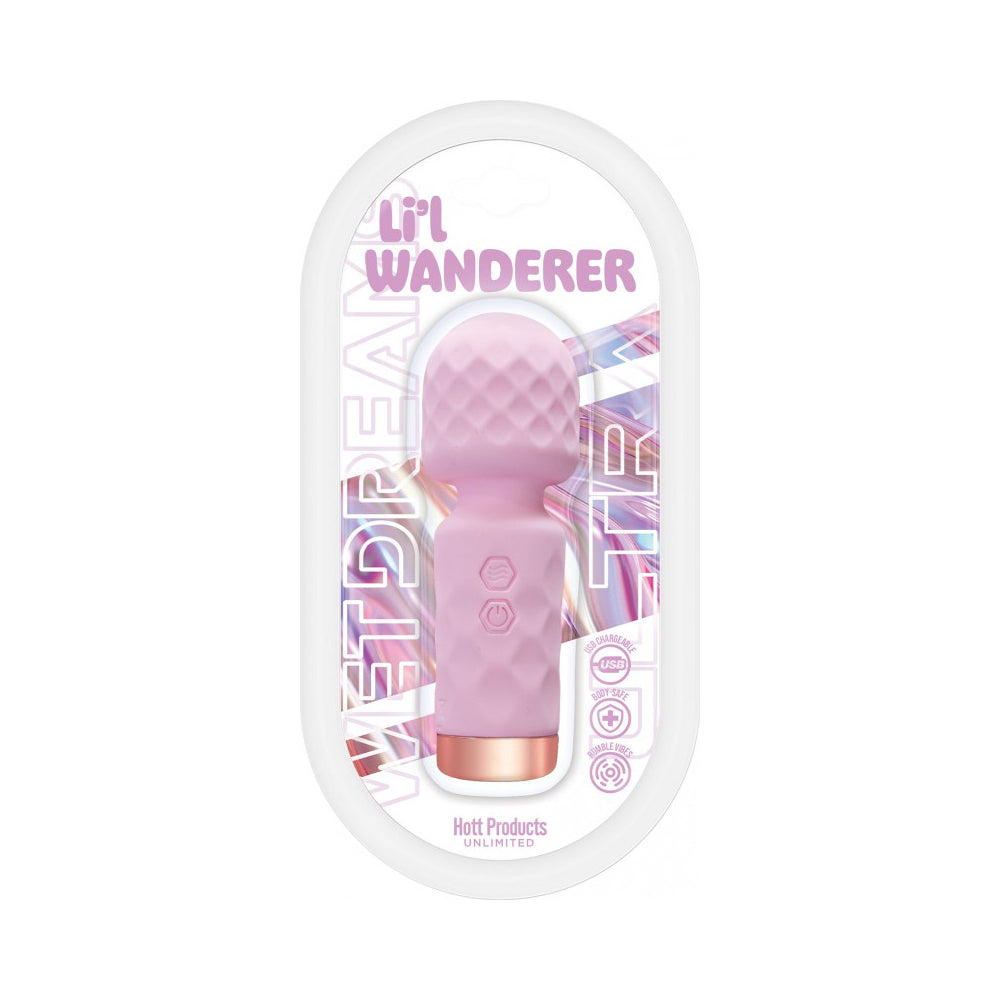 Wet Dreams Lil' Wanderer Mini Massager Pink in packaging, soft to touch, compact design for personal use.