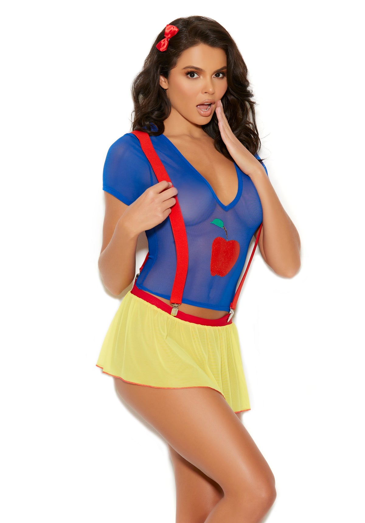 Elegant Moments Sexy Princess Costume Royal Blue Yellow featuring a sheer blue cami with red suspenders and a yellow skirt.