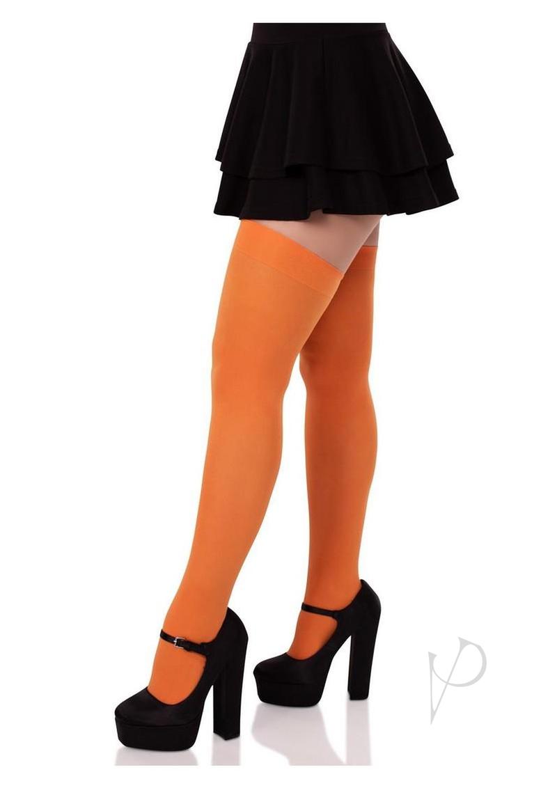 Leg Avenue Nylon Over The Knee Socks Orange paired with a black skirt and heels for a bold fashion statement.