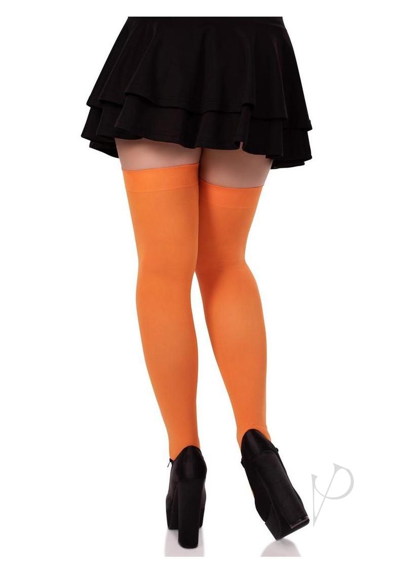 Leg Avenue Nylon Over The Knee Socks Orange worn with a black skirt and high heels, showcasing bold fashion.
