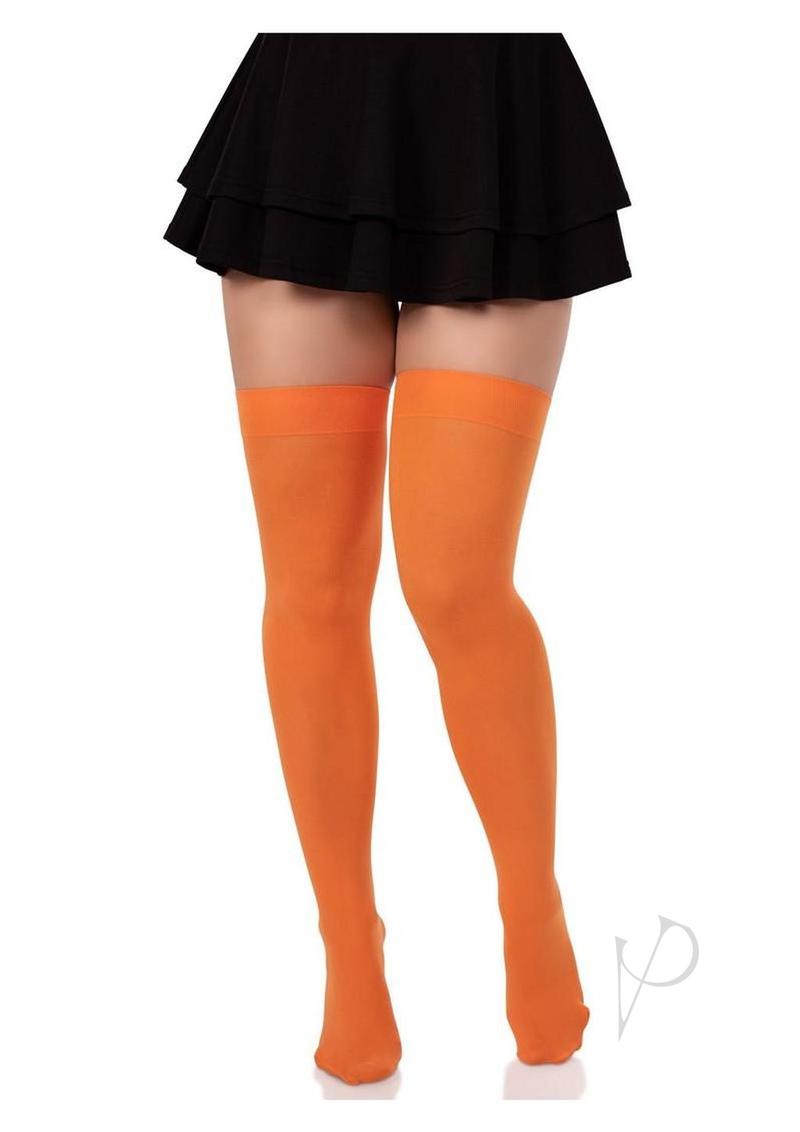 Leg Avenue Nylon Over The Knee Socks Orange displayed on legs with a black skirt for a stylish look.