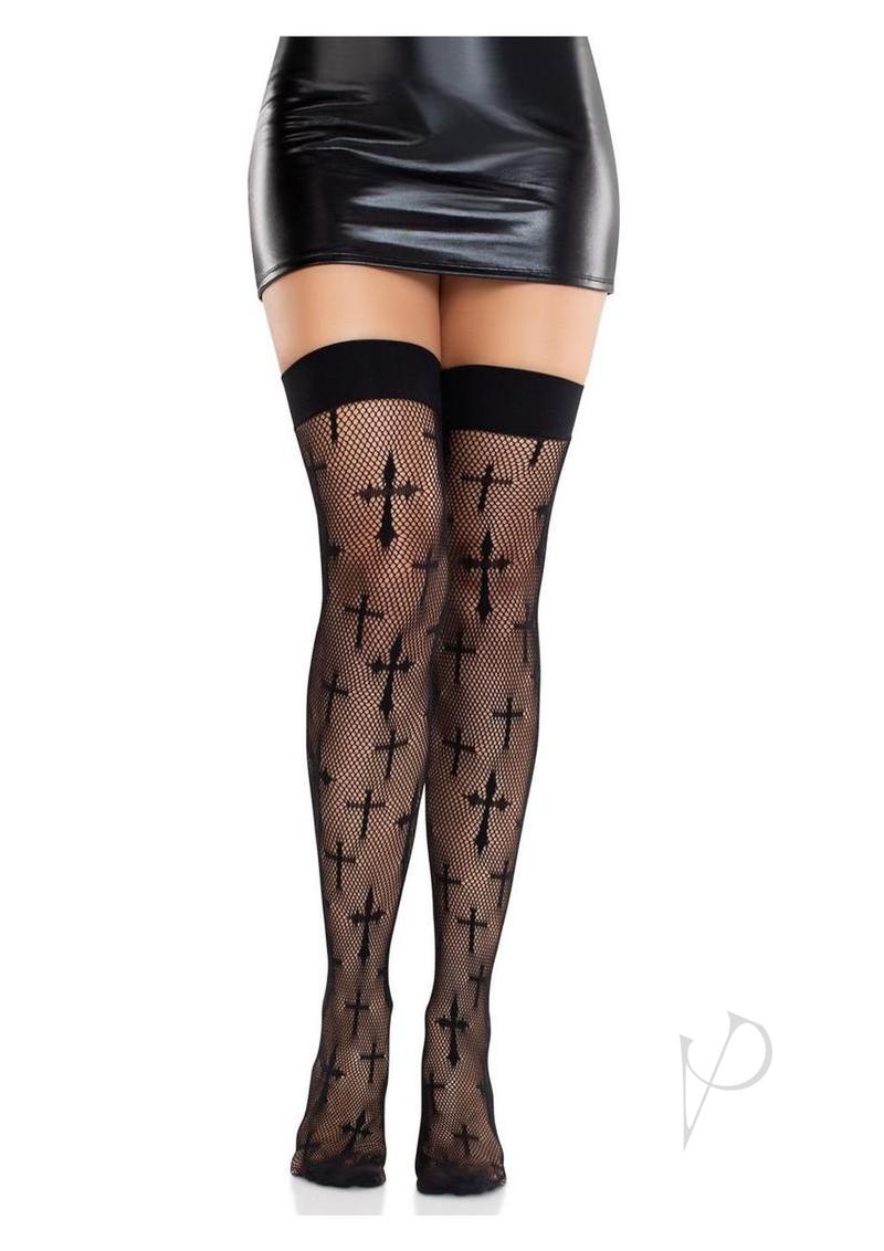Leg Avenue Worship Me Cross Net Thigh Highs Black showcased on model, emphasizing fishnet design and cross accents.