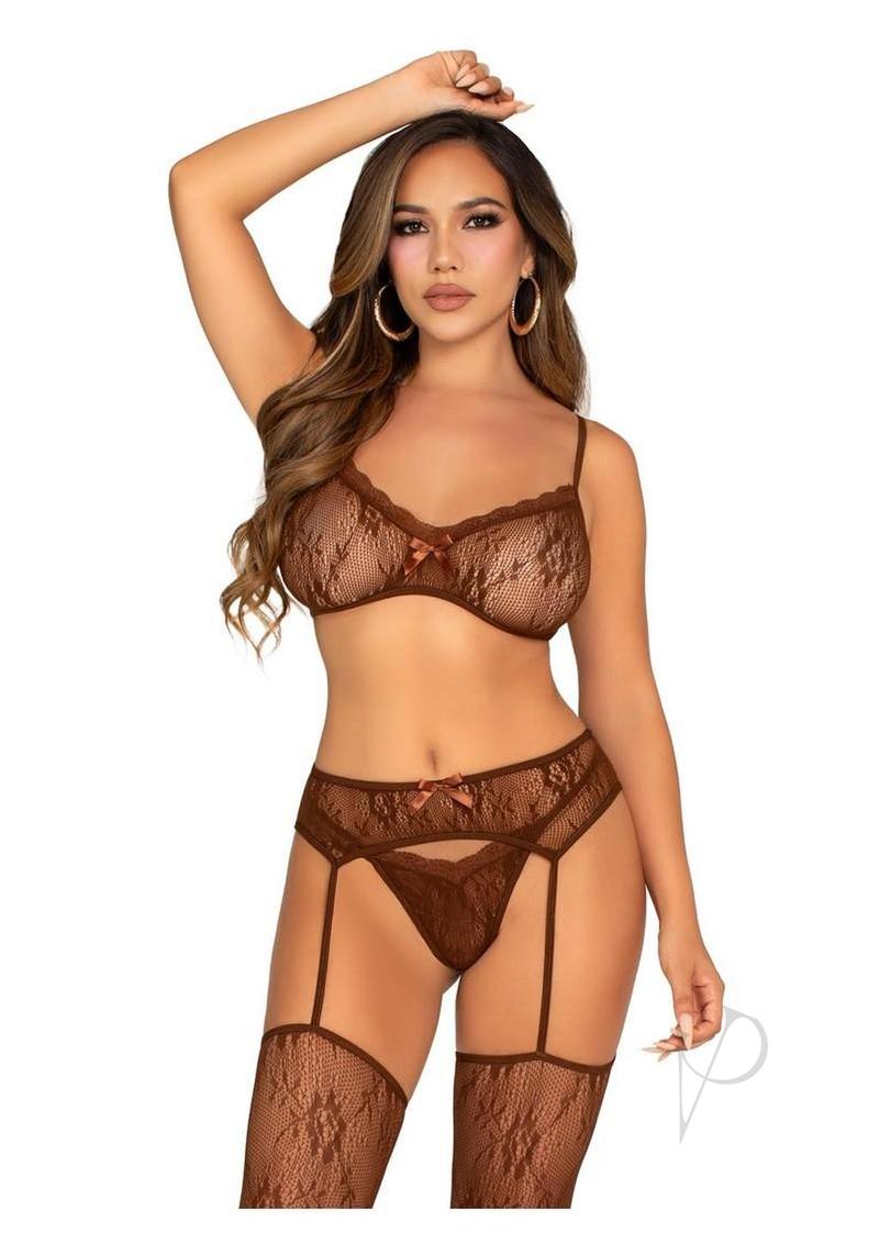 Leg Avenue Lace Bra G-String and Garter Stockings Cocoa displayed on a model showcasing the complete lingerie set.