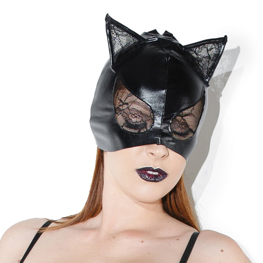 Coquette Wetlook Cat Mask With Lace Eyes And Ears Black worn by a model, featuring glossy finish and lace details.