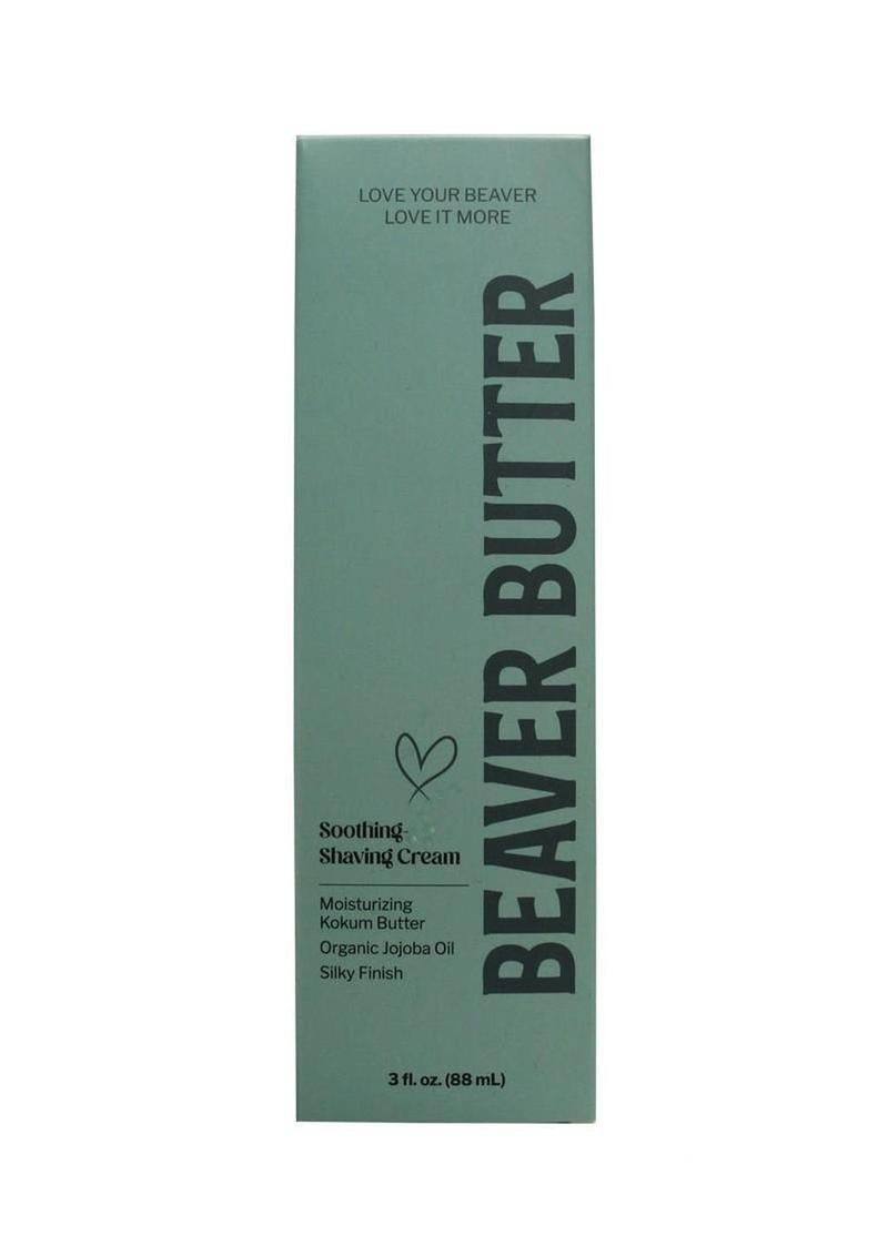 Beaver Butter Soothing Shaving Cream 3 Oz packaging with moisturizing ingredients for a silky finish.