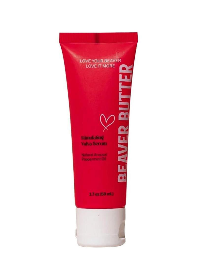 Beaver Butter Stimulating Arousal Serum 50 ml in a pink tube, designed for enhancing sensation and hydrating skin.