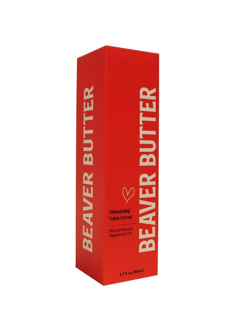 Beaver Butter Stimulating Arousal Serum 50 ml packaging with red design and natural ingredients, showcasing product benefits.