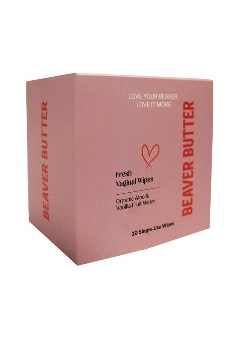 Beaver Butter Fresh Vaginal Wipes 10 Pack box with organic aloe and vanilla fruit water.