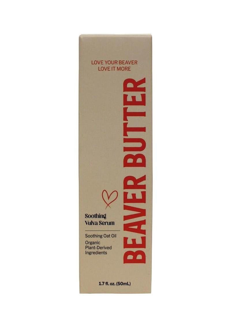 Beaver Butter Vulva Soothing Serum 50 ml product packaging, featuring organic ingredients and soothing oat oil.