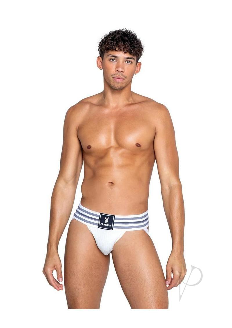 Playboy Mens Locker Room Classic Jock Small White worn by a model showcasing its stylish design.