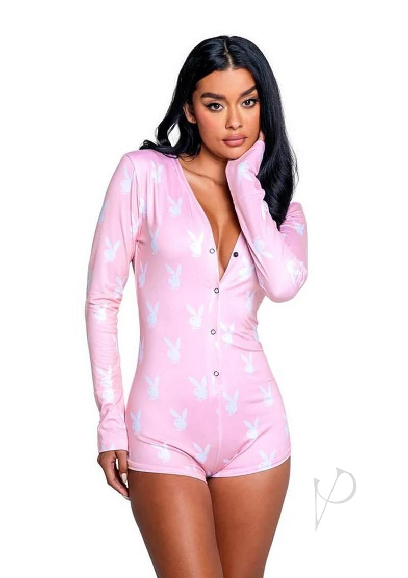 Playboy Slumber Bunny Romper Small/Medium Pink/White model wearing pink romper with bunny logo.