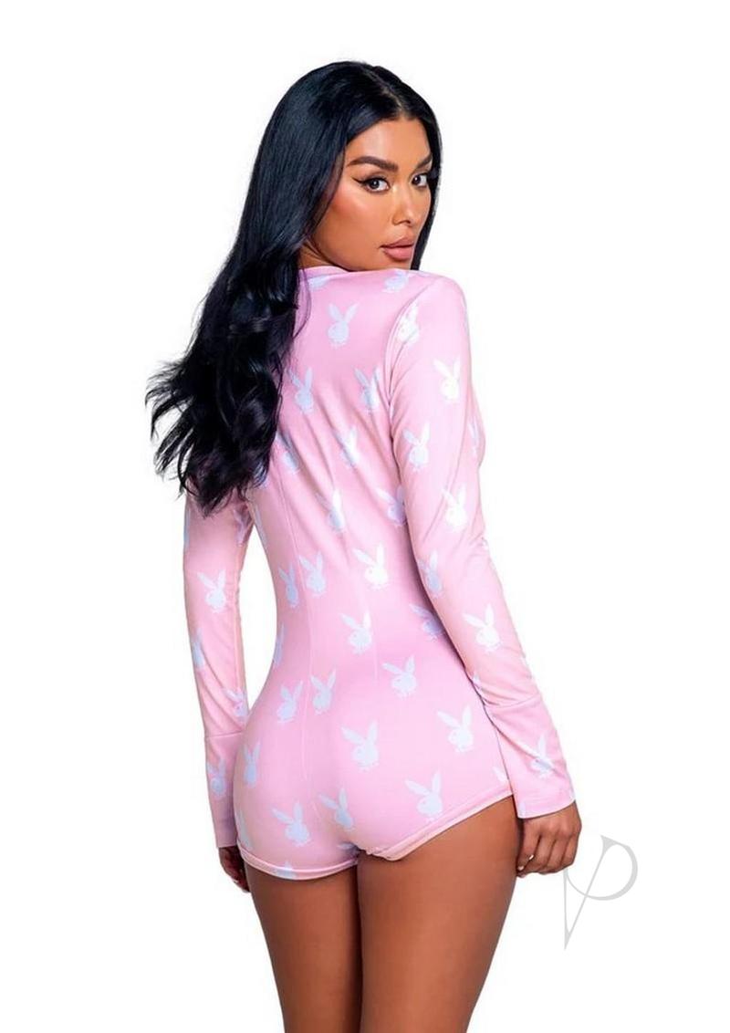 Playboy Slumber Bunny Romper Small/Medium Pink/White showcased on a model from the back, featuring iconic bunny logo.