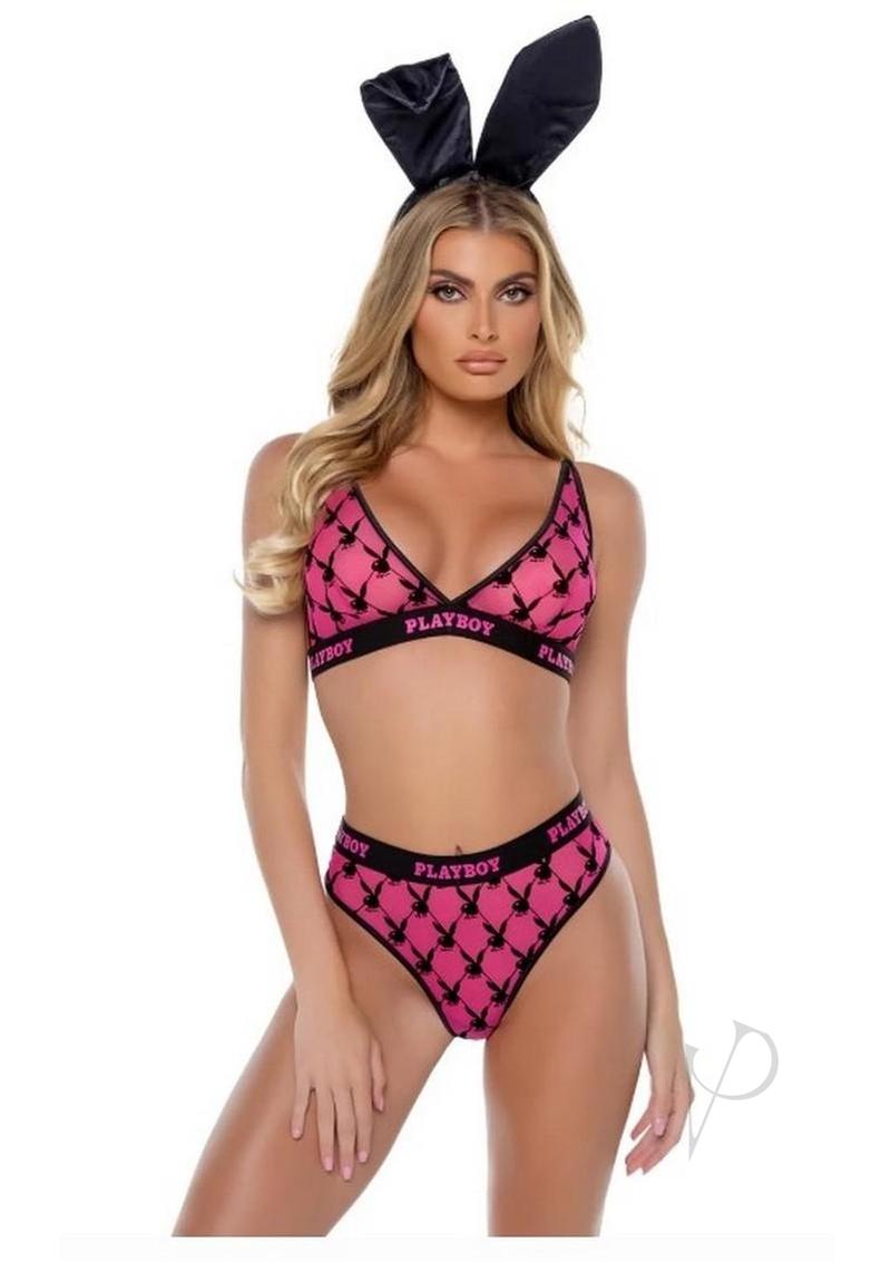 Playboy Flocked Bunny Bra Set XLarge Pink/Black model wearing playful two-piece lingerie with bunny ears