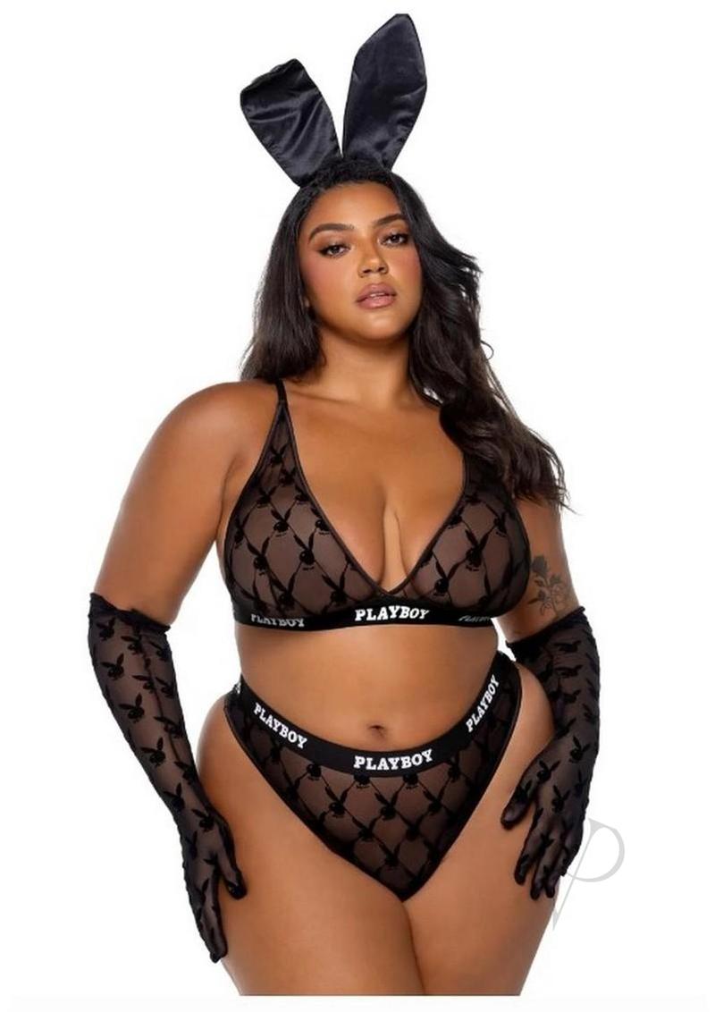 Playboy Flocked Bunny Bra Set 2XLarge Black displayed on a model wearing a playful outfit with bunny ears.