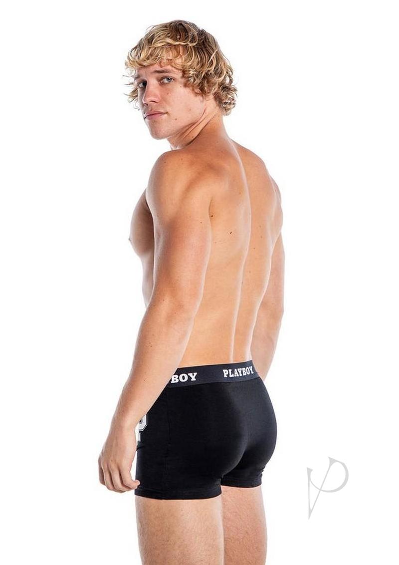 Playboy Mens Varsity Boxer Briefs Black and White XLarge model showcasing back view.