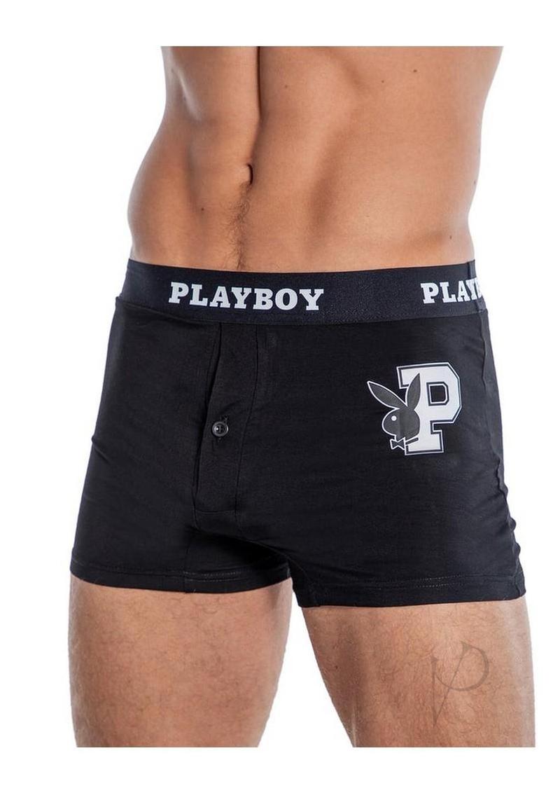 Playboy Mens Varsity Boxer Briefs Black/White Medium showcasing a sporty design and iconic logo in black and white.