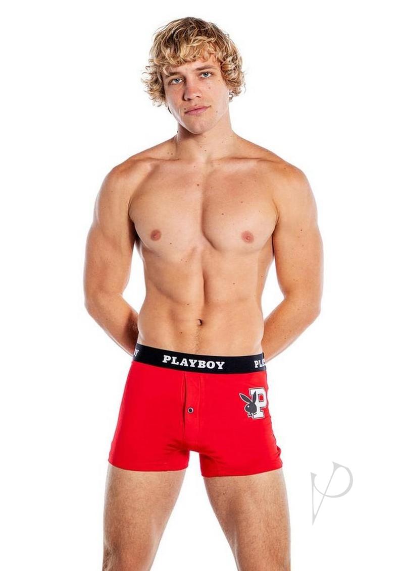 Playboy Mens Varsity Boxer Briefs Red/White Medium displayed by a model, showcasing sporty style and comfort.