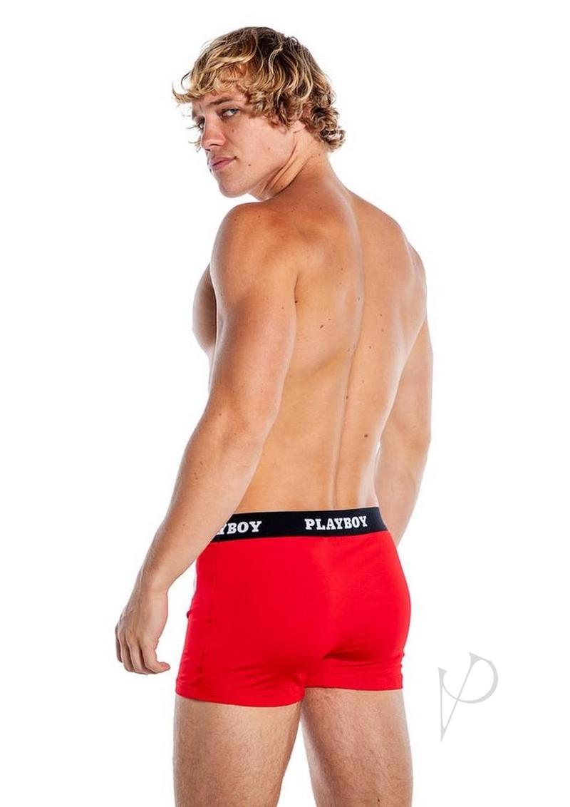Playboy Mens Varsity Boxer Briefs Red/White Medium on model showcasing sporty college style.