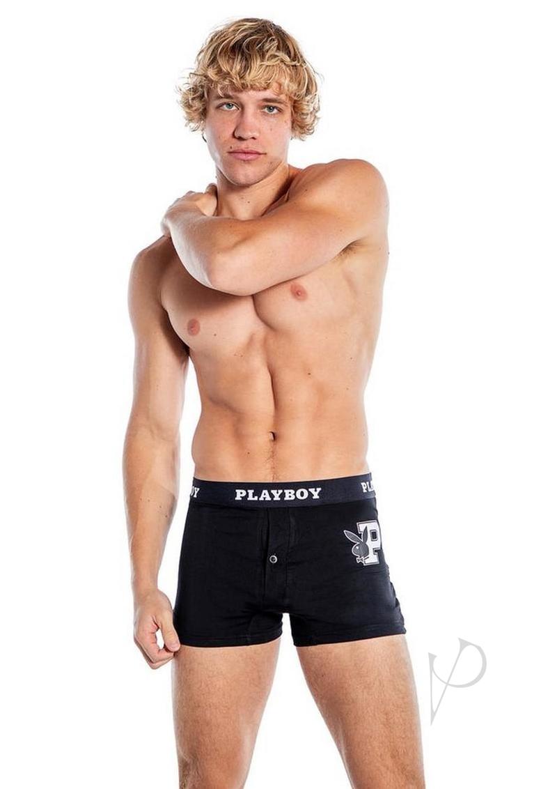 Playboy Mens Varsity Boxer Briefs Black/White Small shown on model with signature logo, highlighting comfort and style.