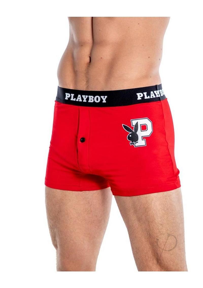 Playboy Mens Varsity Boxer Briefs Red and White 2XLarge showcasing sporty design and comfort.