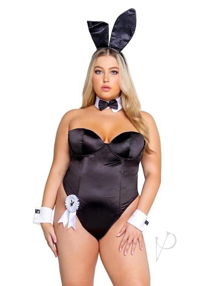 Playboy Classic Bunny Costume 1XLarge Black featuring a fitted corset bodysuit and signature accessories.
