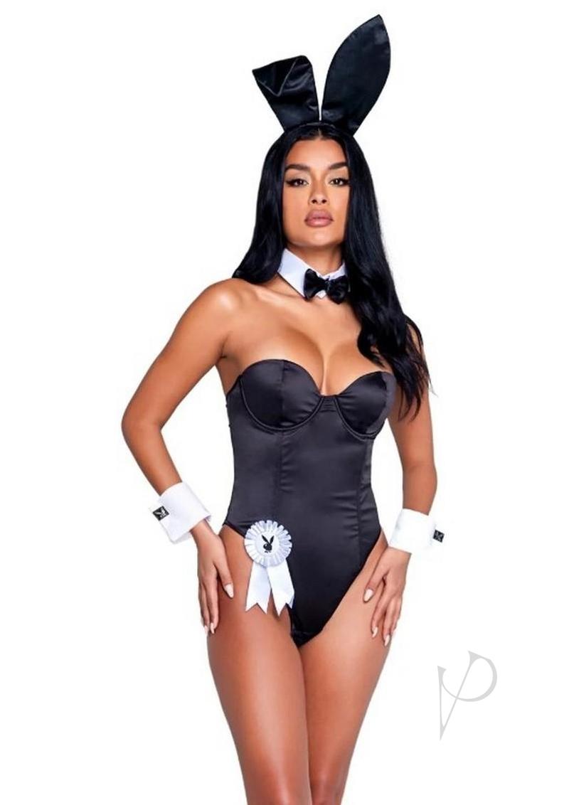 Playboy Classic Bunny Costume Medium Black model wearing bunny outfit with ears and cuffs, perfect for Halloween.