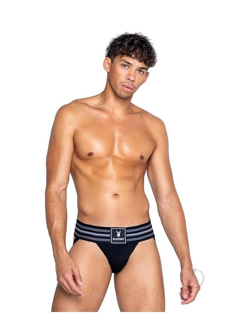 Playboy Mens Locker Room Classic Jock Small Black model showcasing the ribbed pouch and elastic waistband.