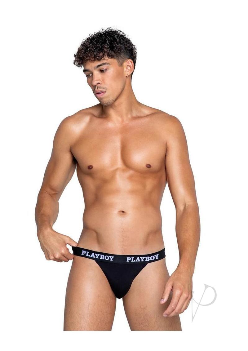 Playboys Mens Modal Jockstrap Medium Black/White model showcasing the jockstrap with soft fabric and bold waistband.