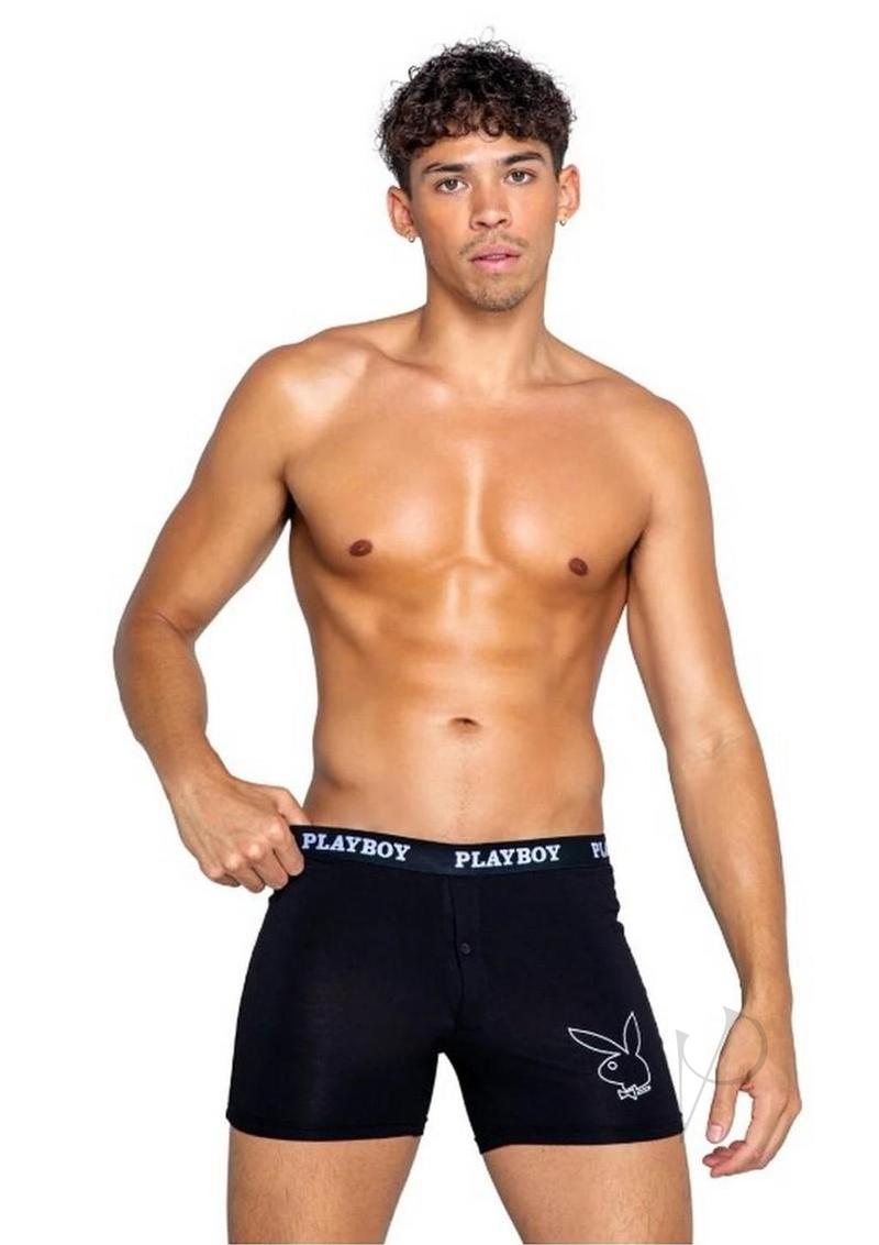 Playboy Mens Tuxedo Classic Boxer Medium Black/White on a model showcasing its sleek design.