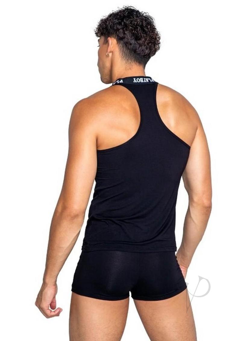 Playboy Mens Tuxedo Boxer Brief Medium Black and White shown from the back with black tank top.